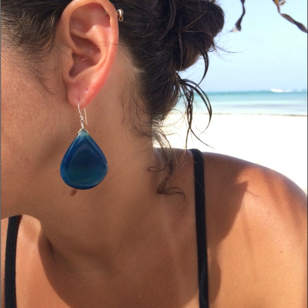 Large Deep Blue Agate Drop Sterling Silver Earrings
